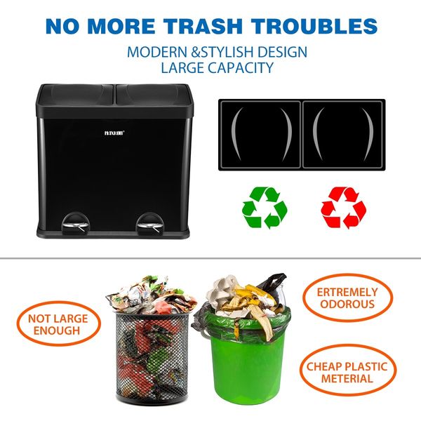 48L Dual Compartment Pedal Bin Kitchen Recycling Waste Bins Coated Steel Black 