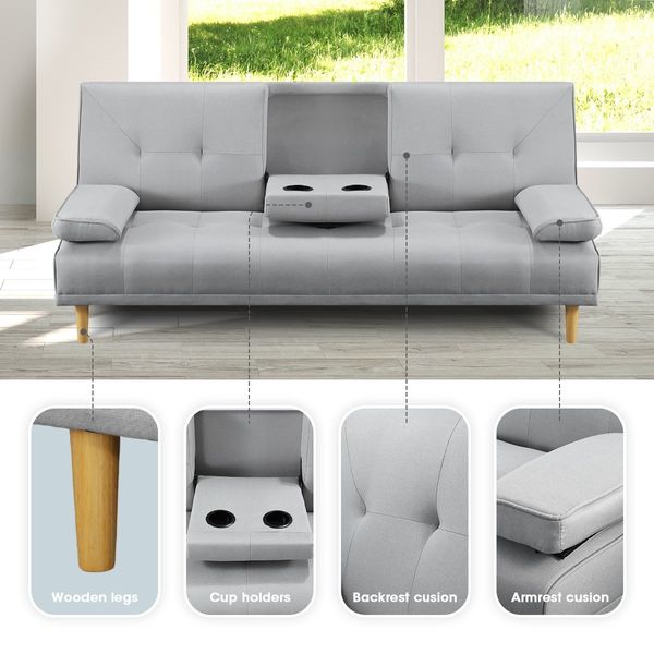 188cm Fabric Sofa Bed Set 3 Seater Lounge Couch Recliner with Cup Holders Light Grey