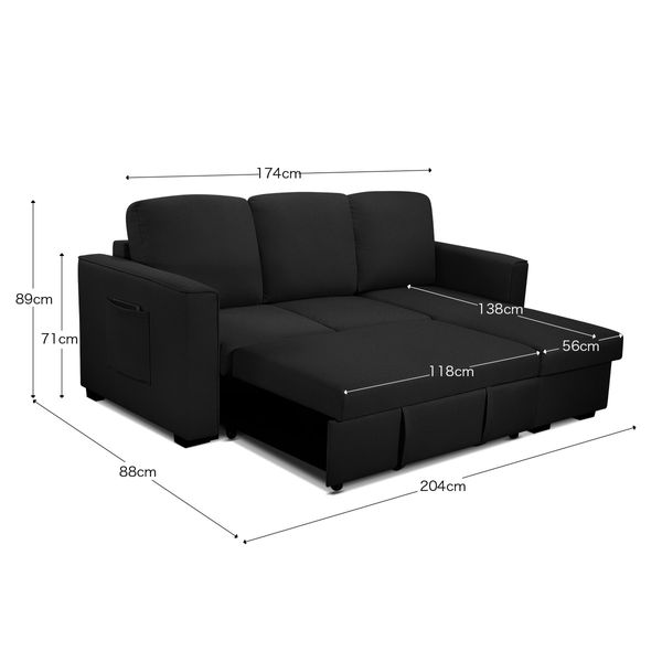 Sofa Bed Lounge Set Futon Couch 3 Seater Storage Chaise Corner Black