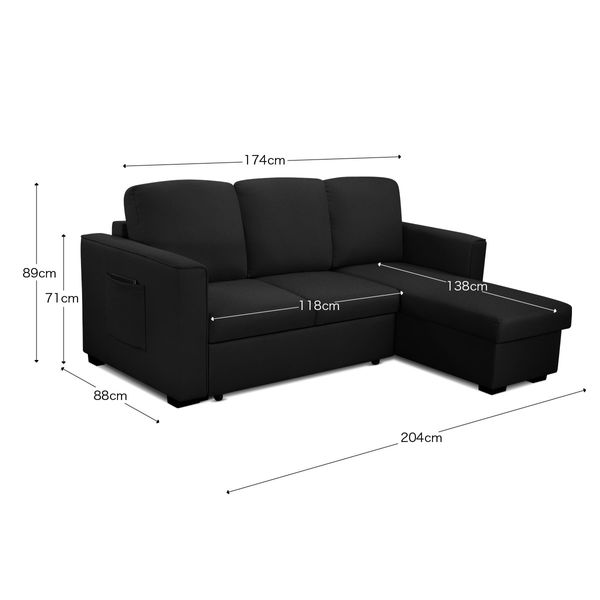 Sofa Bed Lounge Set Futon Couch 3 Seater Storage Chaise Corner Black