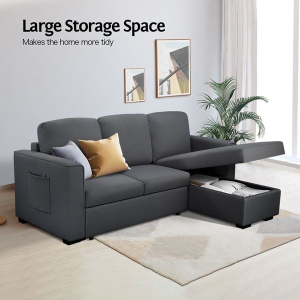 Sofa Bed Lounge Set Futon Couch 3 Seater Storage Chaise Corner Dark Grey