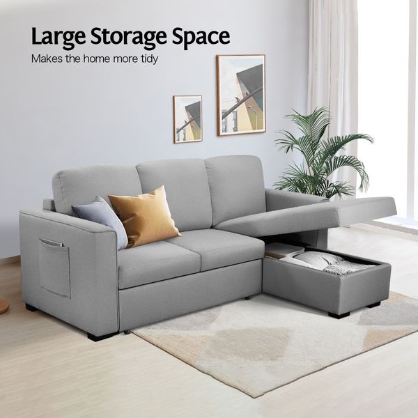 Sofa Bed Lounge Set Futon Couch 3 Seater Storage Chaise Corner Light Grey