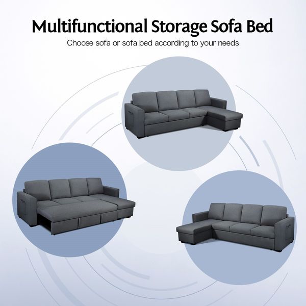 4 Seater Fabric Sofa Bed Corner Lounge Chaise Couch Set with Storage Dark Grey