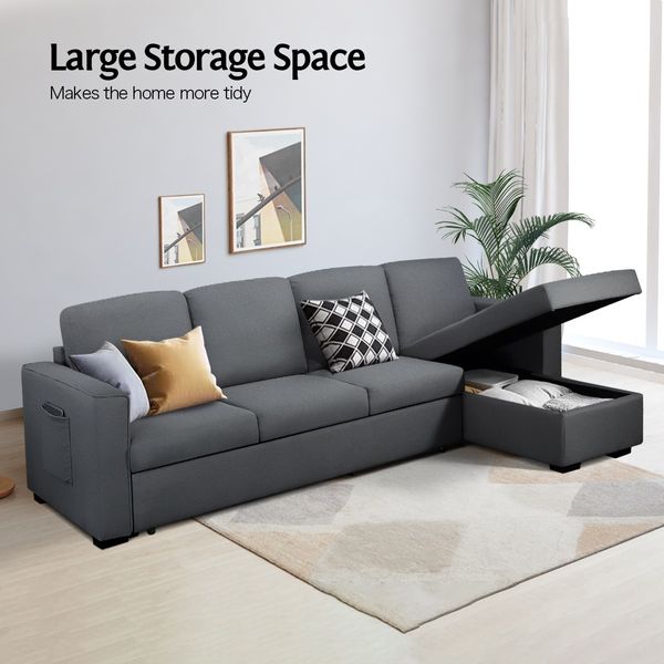 4 Seater Fabric Sofa Bed Corner Lounge Chaise Couch Set with Storage Dark Grey