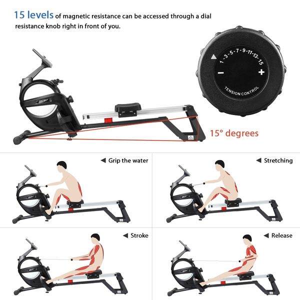 Genki Magnetic Rowing Machine Home Gym Exercise Equipment Rower Workout 15 Levels 