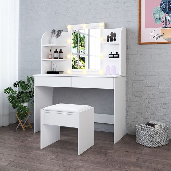 White Dressing Table Makeup Vanity Table Stool Set with Drawers and Lighted Mirror