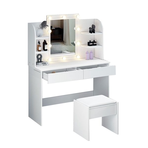 White Dressing Table Makeup Vanity Table Stool Set with Drawers and Lighted Mirror