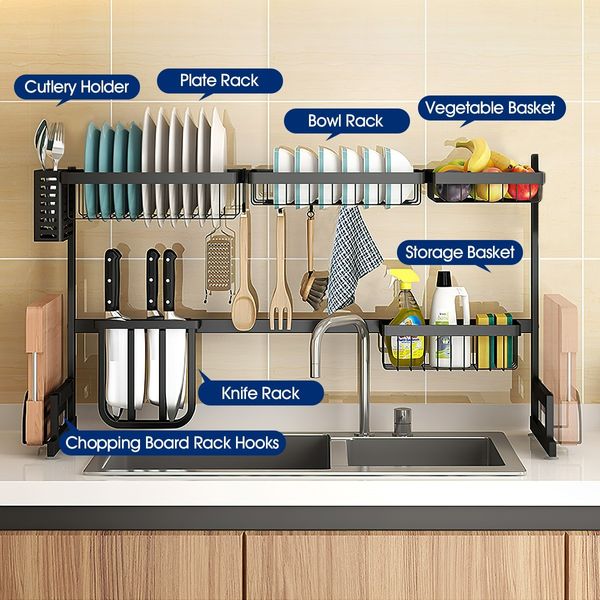 Multifunctional Kitchen Over Sink Dish Drying Rack Stainless Steel Storage Shelf Organiser