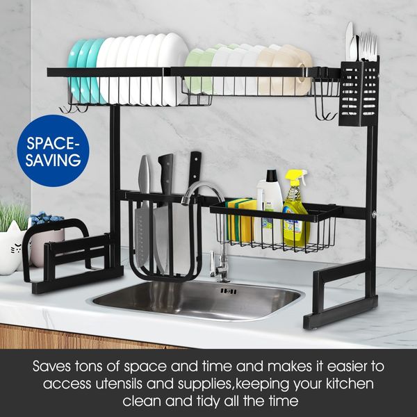 Large Kitchen Dish Rack Over the Sink Dish Drying Rack Stainless Steel with Utensil Holders