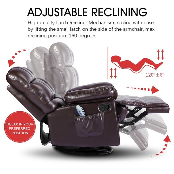 PU Leather Recliner Massage Chair 360-Degree Swivel 8-Point Heating Seat