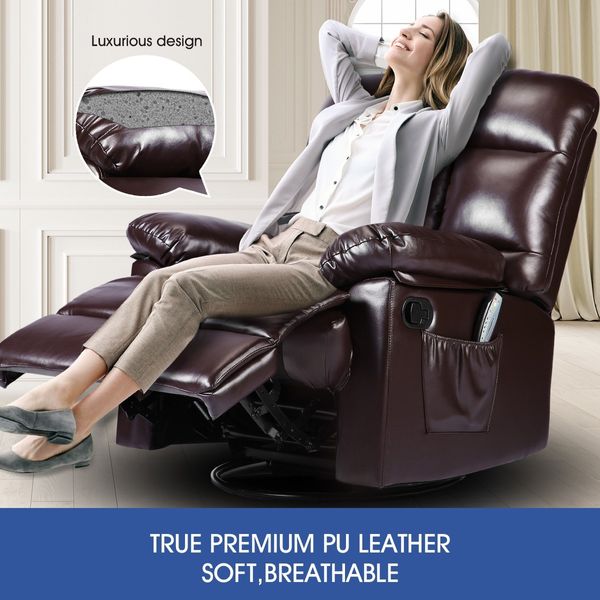 PU Leather Recliner Massage Chair 360-Degree Swivel 8-Point Heating Seat