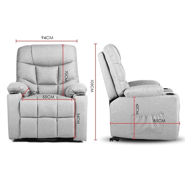 Lift Motor Recliner Massage Chair 8-Point Heating Armchair Wheeled Fabric Sofa Grey