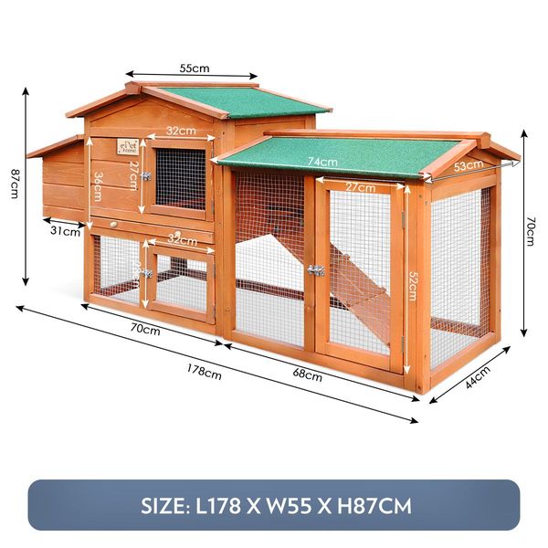 Wooden Chicken Run Coop Rabbit House Bunny Duck Hutch Hen Cage Nesting Box Enclosure Outdoor 2 Stories XL 178cm