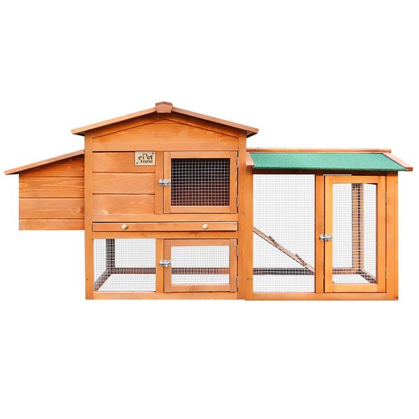 Wooden Chicken Run Coop Rabbit House Bunny Duck Hutch Hen Cage Nesting Box Enclosure Outdoor 2 Stories XL 178cm