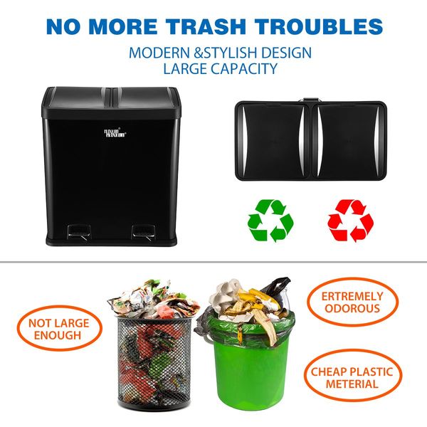 60L Dual Compartment Pedal Bin Kitchen Recycling Waste Bins Coated Steel Black 