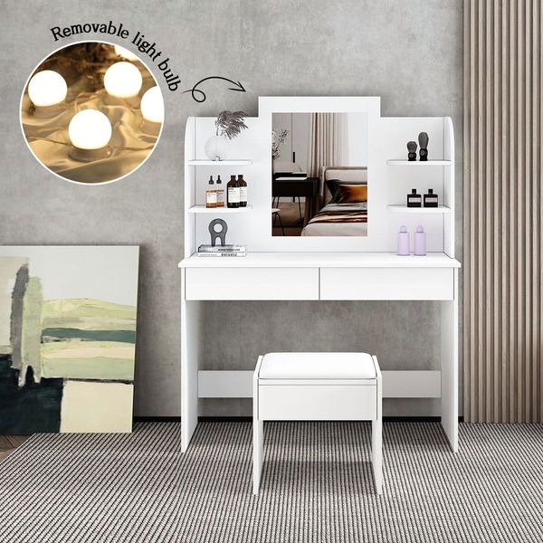 White Dressing Table Makeup Vanity Table Stool Set with Drawers and Lighted Mirror