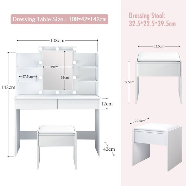 White Dressing Table Makeup Vanity Table Stool Set with Drawers and Lighted Mirror