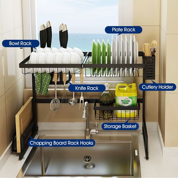 Large Kitchen Dish Rack Over the Sink Dish Drying Rack Stainless Steel with Utensil Holders