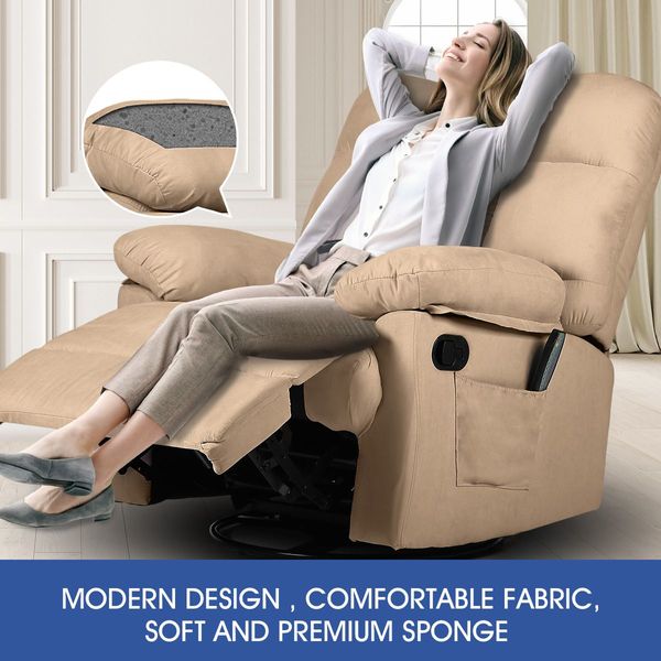 360-Degree Swivel Recliner Rocking Armchair 8-Point Heated Massage Chair Beige