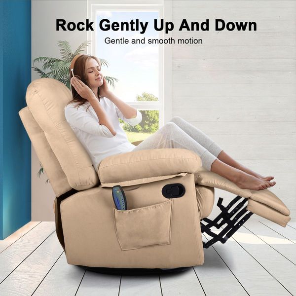 360-Degree Swivel Recliner Rocking Armchair 8-Point Heated Massage Chair Beige