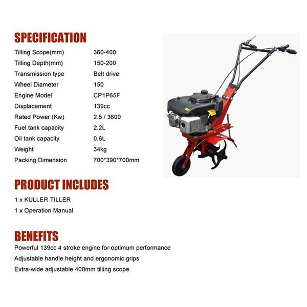 4 Stroke Engine Tiller Cultivator Rotary Hoe Rear Tine Commercial Petrol 139CC