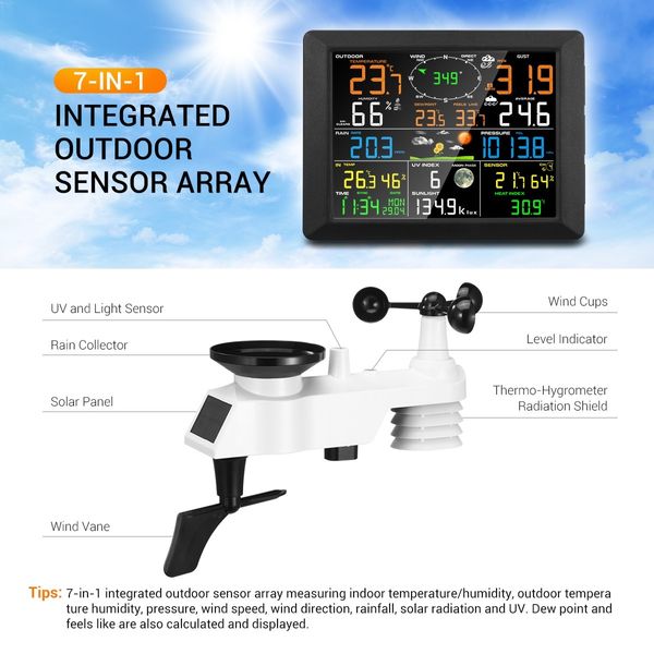 Maxkon WIFI Weather Station Solar Powered for UV Light Temperature Humidity Wind Speed