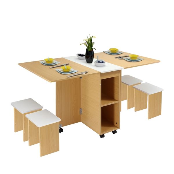 Multifunctional 5 Piece Foldable Dining Table and Chair Set Wooden Home Furniture