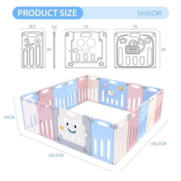 Baby Playpen Enclosure Barrier Fence Play Room Yard Safety Gate Toddler Activity Centre Elephant Design 18 Panels