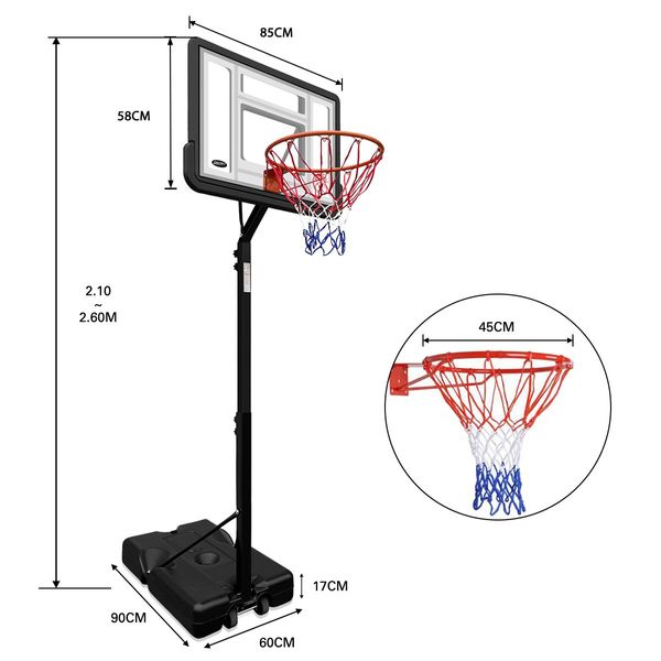 Genki Adjustable 2.1-2.6m Portable Basketball Hoop Stand System Backboard Rim