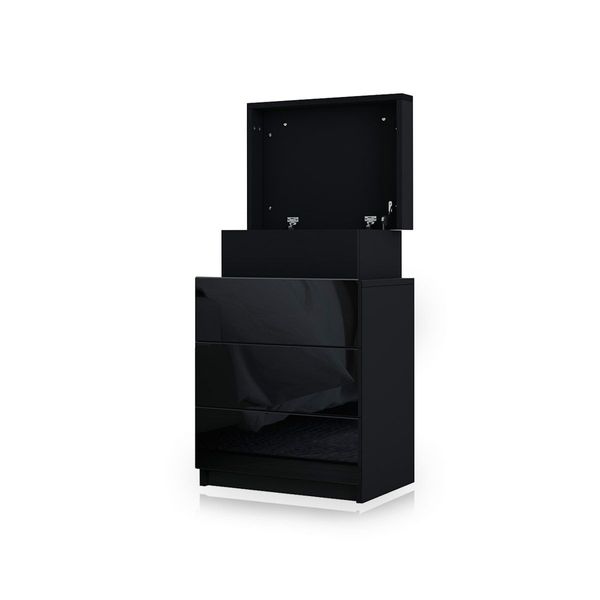 Black Modern Nightstand Bedside Tables 3 Drawers High Gloss Front RGB LED