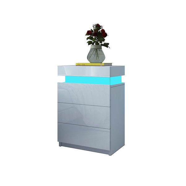 White Modern Nightstand Bedside Tables 3 Drawers High Gloss Front RGB LED