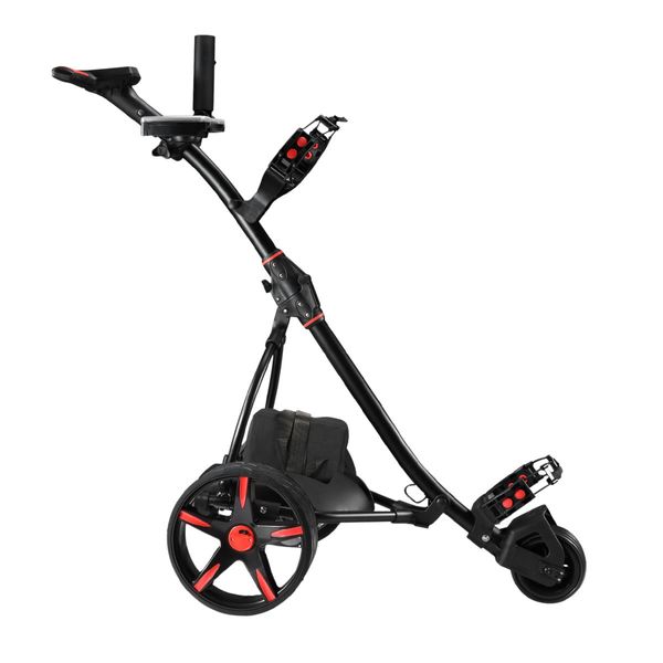 Electric Golf Trolley 3 Wheel Foldable Push Golf Buggy Cart 3 Distance Control LED Display- Black & Red