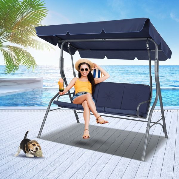 3 Seater Swing Chair with Cushion and Canopy for Outdoor Garden Patio Navy Blue