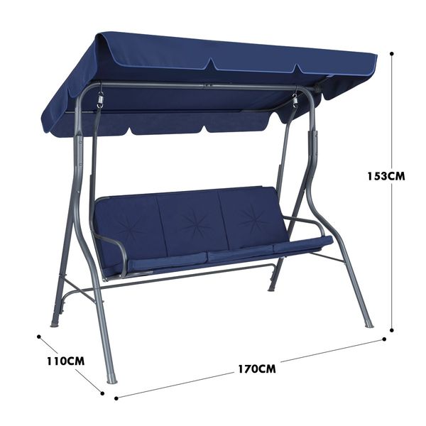 3 Seater Swing Chair with Cushion and Canopy for Outdoor Garden Patio Navy Blue