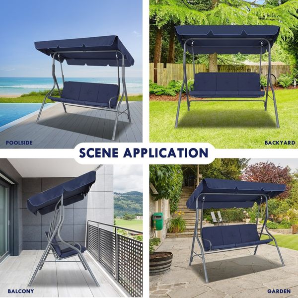 3 Seater Swing Chair with Cushion and Canopy for Outdoor Garden Patio Navy Blue