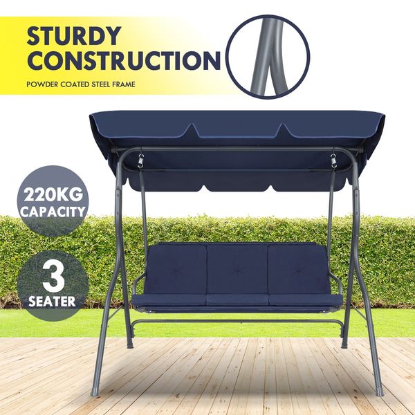 3 Seater Swing Chair with Cushion and Canopy for Outdoor Garden Patio Navy Blue