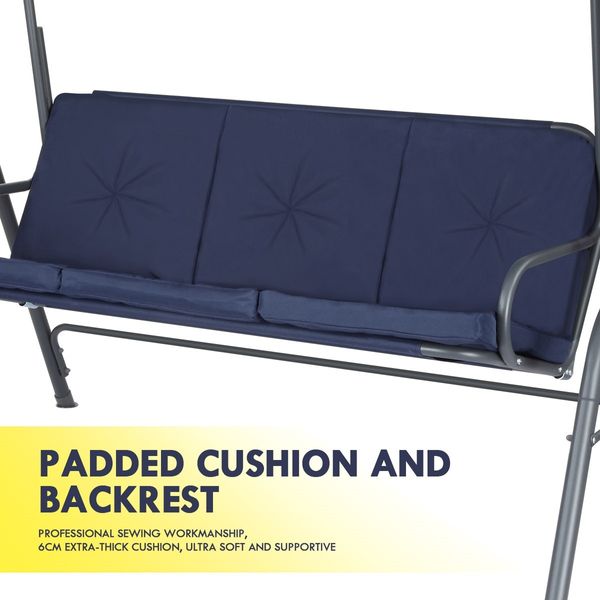 3 Seater Swing Chair with Cushion and Canopy for Outdoor Garden Patio Navy Blue