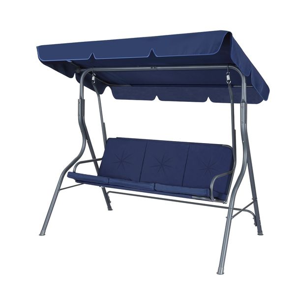 3 Seater Swing Chair with Cushion and Canopy for Outdoor Garden Patio Navy Blue