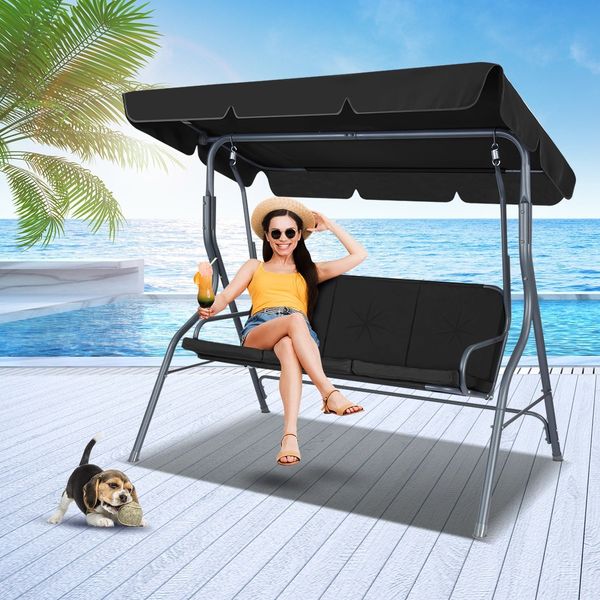 Garden 3 Seater Swing Chair Seat with Cushion and Canopy Black