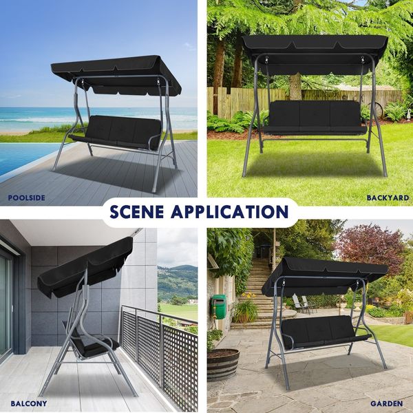 Garden 3 Seater Swing Chair Seat with Cushion and Canopy Black