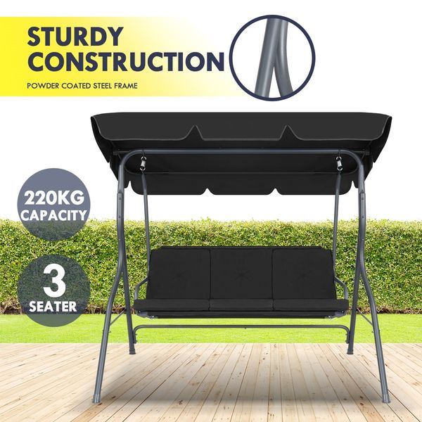 Garden 3 Seater Swing Chair Seat with Cushion and Canopy Black