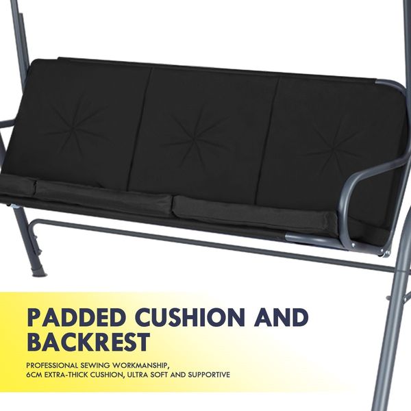 Garden 3 Seater Swing Chair Seat with Cushion and Canopy Black