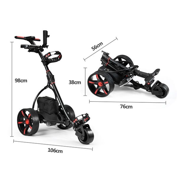 Electric Golf Trolley 3 Wheel Foldable Push Golf Buggy Cart 3 Distance Control LED Display- Black & Red