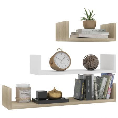 Wall Display Shelf 3 pcs White and Sonoma Oak Chipboard