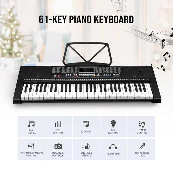 Electronic Piano Keyboard Melodic 61 Lighted Keys USB Port 50 Demo Songs Music Stand