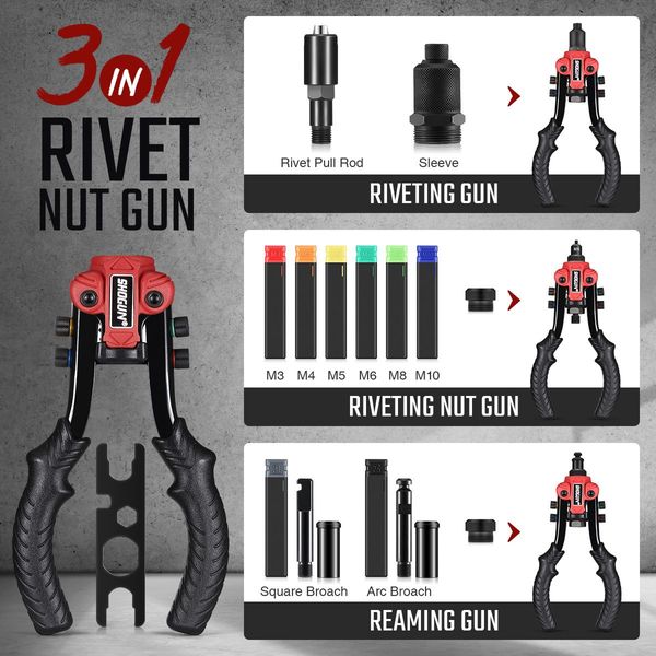 3-in-1 Heavy-duty Hand Rivet Nut Gun Reaming Tool Set with 90 Rivets Nuts & 50 Rivets