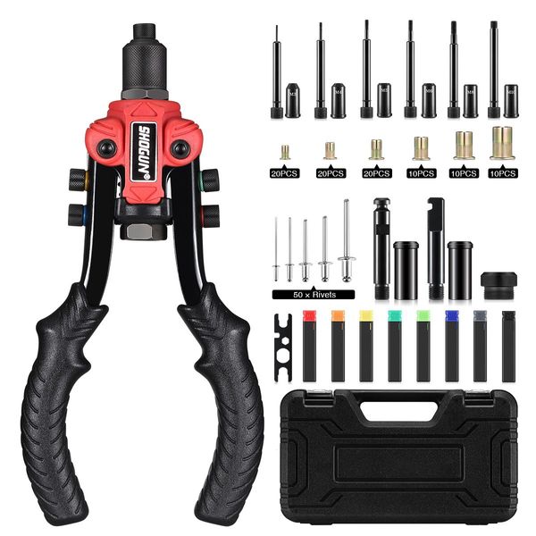 3-in-1 Heavy-duty Hand Rivet Nut Gun Reaming Tool Set with 90 Rivets Nuts & 50 Rivets