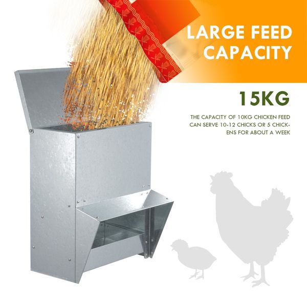 Chicken Feeder Farm Poultry Chook Feeding Waterproof Steel Wall Mounted Coop 15KG