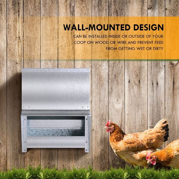 Chicken Feeder Farm Poultry Chook Feeding Waterproof Steel Wall Mounted Coop 15KG