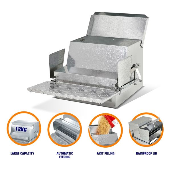 Auto Chicken Feeder Poultry Feeding Trough Spill-Proof Galvanized Steel Tread Plate 12KG